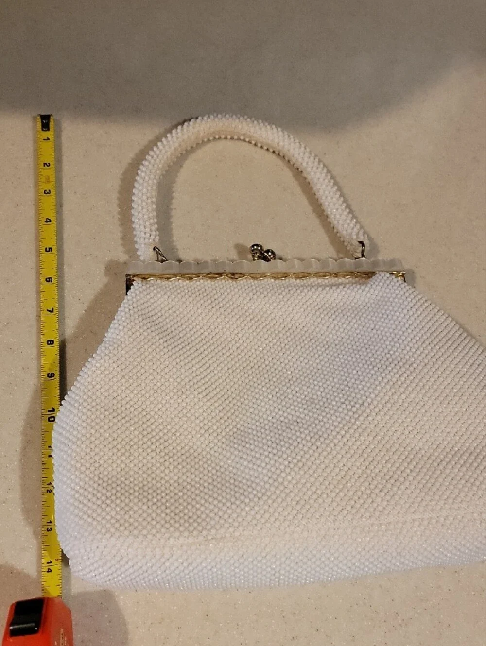 Elegant White Beaded Evening Clutch with Gold Accents